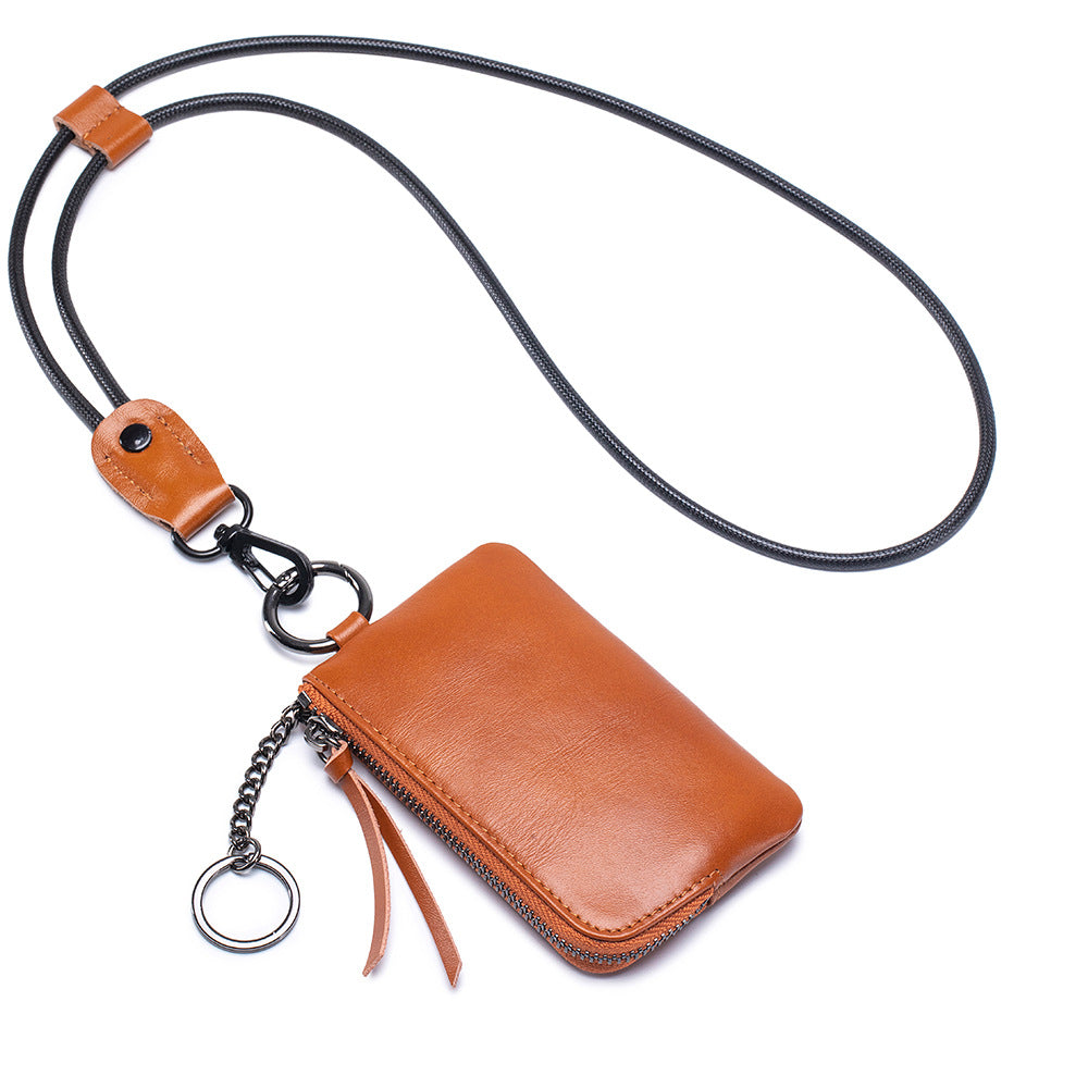 Genuine Leather Neck Lanyard Coin Card Key Pouch N6B218