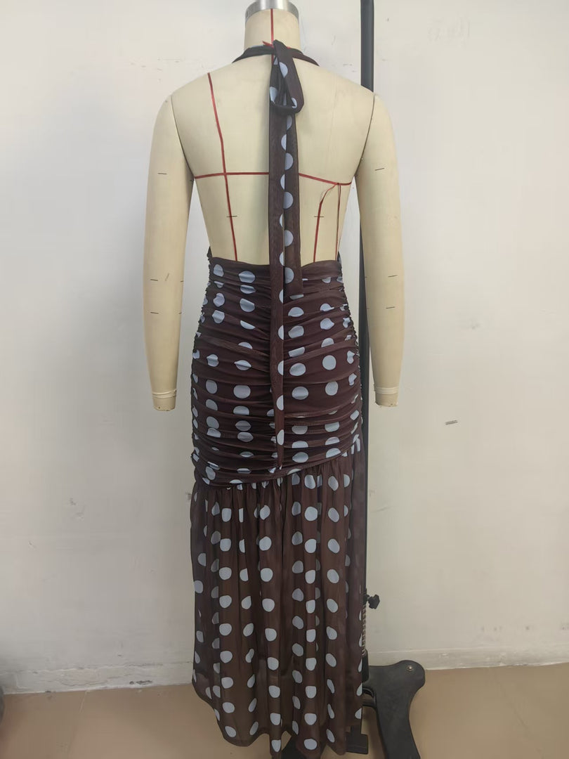 Polka Dot Mesh Halter Dress V Neck Open Back Tie Waist N6F029