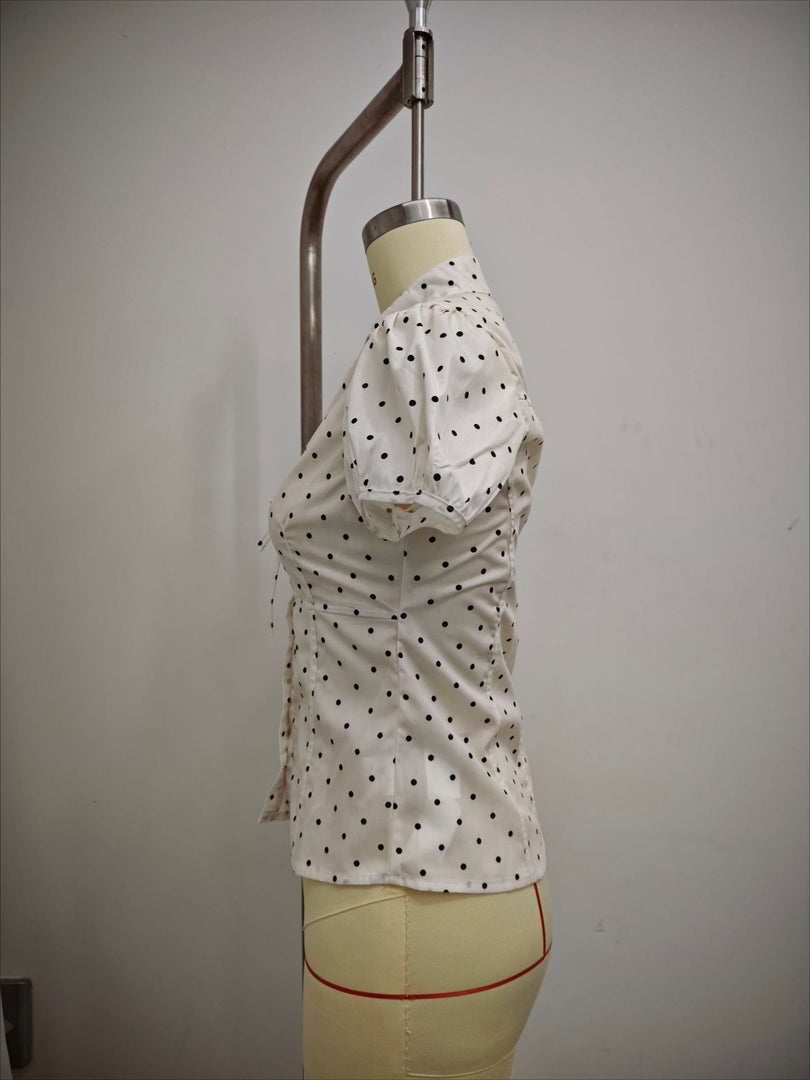 Polka Dot Tie Waist Short Sleeve Shirt Women N6E149