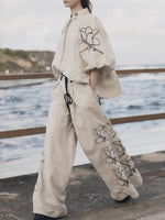 Load image into Gallery viewer, Embroidered Linen Wide Leg Pants Suit Women N6F188