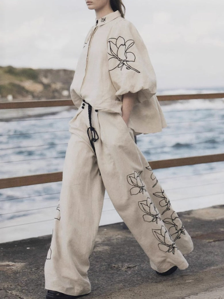 Embroidered Linen Wide Leg Pants Suit Women N6F188