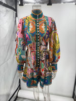Load image into Gallery viewer, Printed Tie-Waist Linen Blend Pleated Midi Dress N6D068
