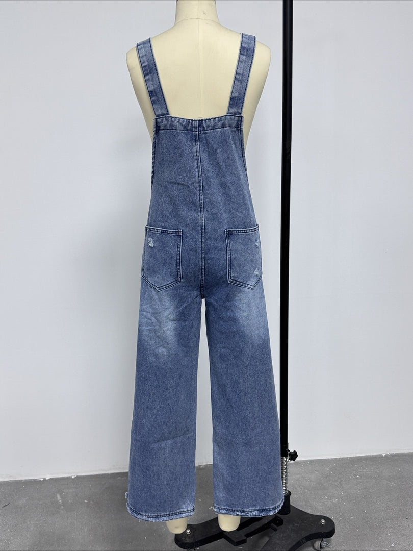 Vintage Distressed Wide Leg Denim Overalls Women N6D150