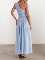 Load image into Gallery viewer, One Shoulder Bodycon Slit Midi Dress Women Blue N6D100