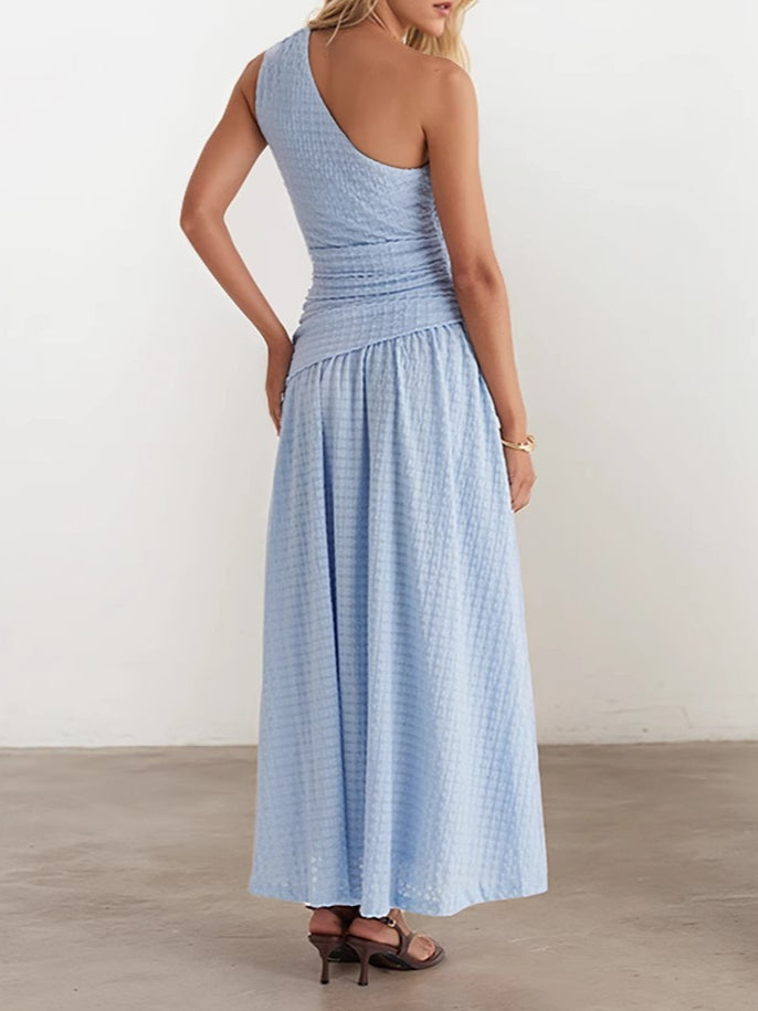 One Shoulder Bodycon Slit Midi Dress Women Blue N6D100