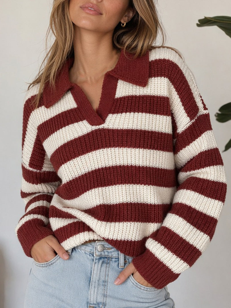 Color Block Striped Polo Collar Knit Pullover V-Neck N6G140