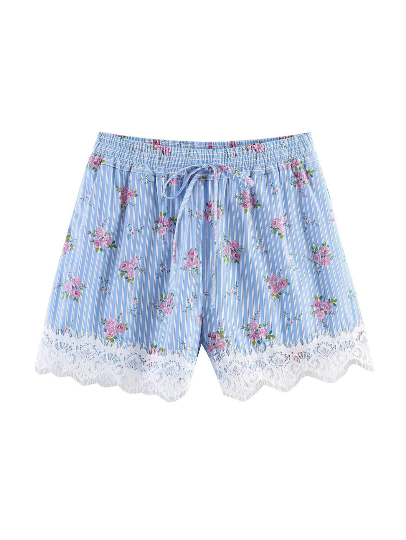 Blue Floral Notched Collar Sleeveless Blouse Shorts  N6F211
