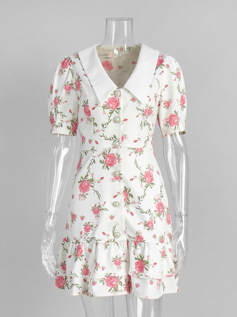 French V-neck Puff Sleeve Print Dress Women N6D072