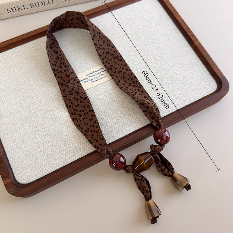 Womens Brown Leopard Print Beaded Scarf Necklace N6K279