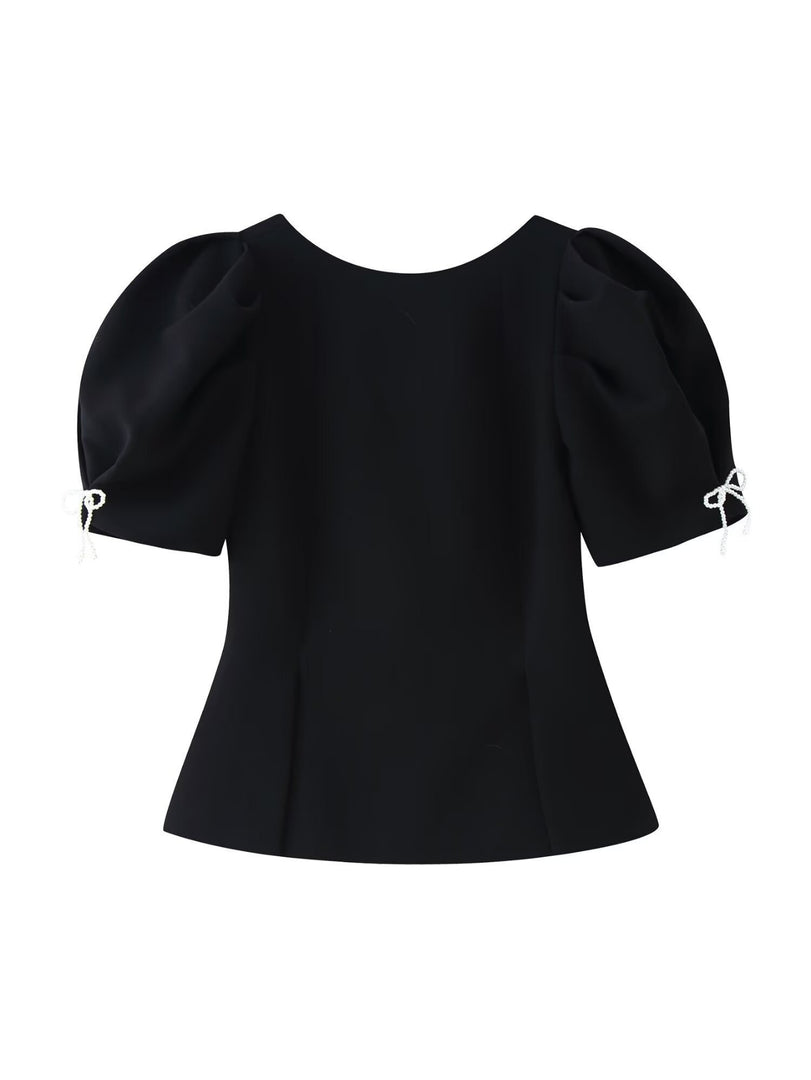 Bow Pearl Puff Sleeve Shirt Women N6E153