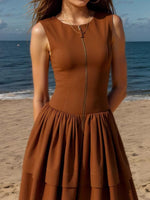 Load image into Gallery viewer, Tiered Zip Front Maxi Dress High Waist  Brown N5Z595
