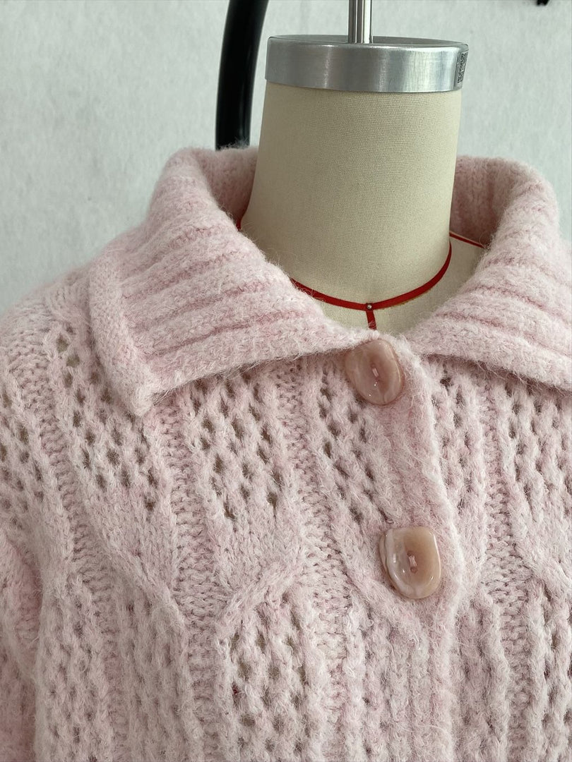 Cable-Knit Polo Collar Openwork Button Cardigan Women N6H284