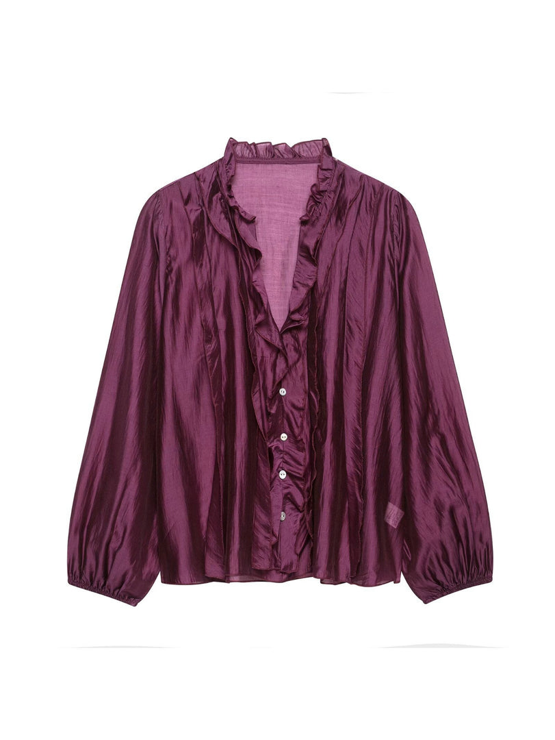 French Polka Dot V-Neck Ruffle Blouse Women N6F191