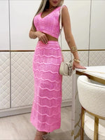 Load image into Gallery viewer, Pink Crop Halter Top and Slit Skirt Set Women N6C294