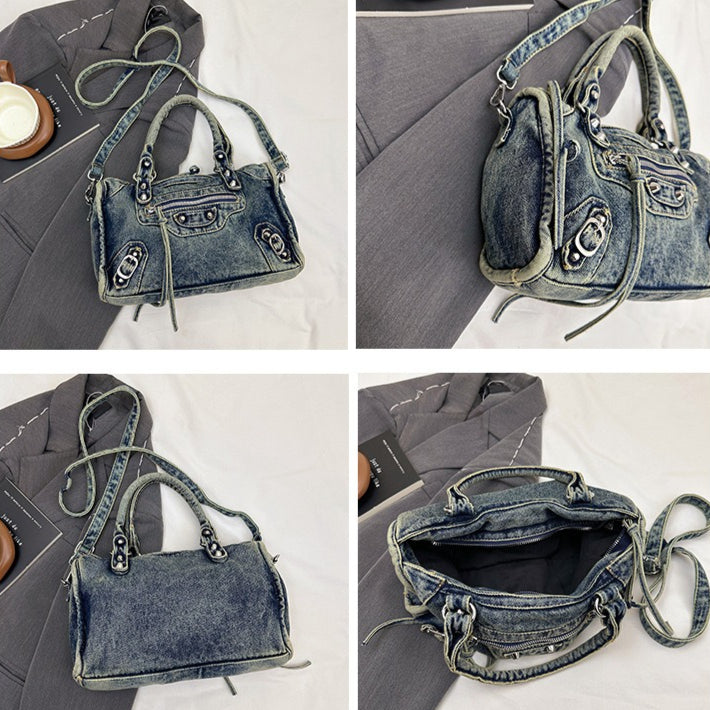 Women's Vintage Denim Studded Moto Tote Bag N6J198