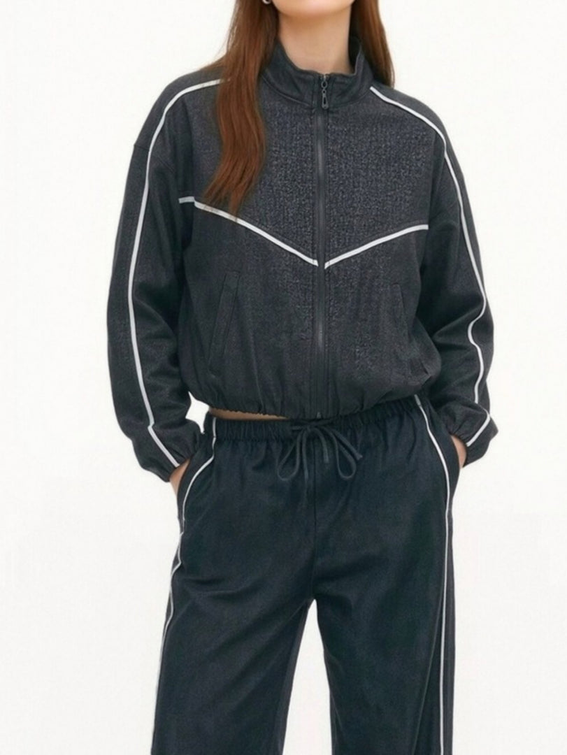 Colorblock Trim Stand Collar Jacket & Pants Set Women N6H129