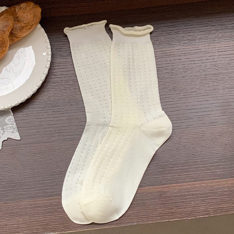 Thin Lace Hollow Mesh Mid-Calf Stack Socks Women N6H005
