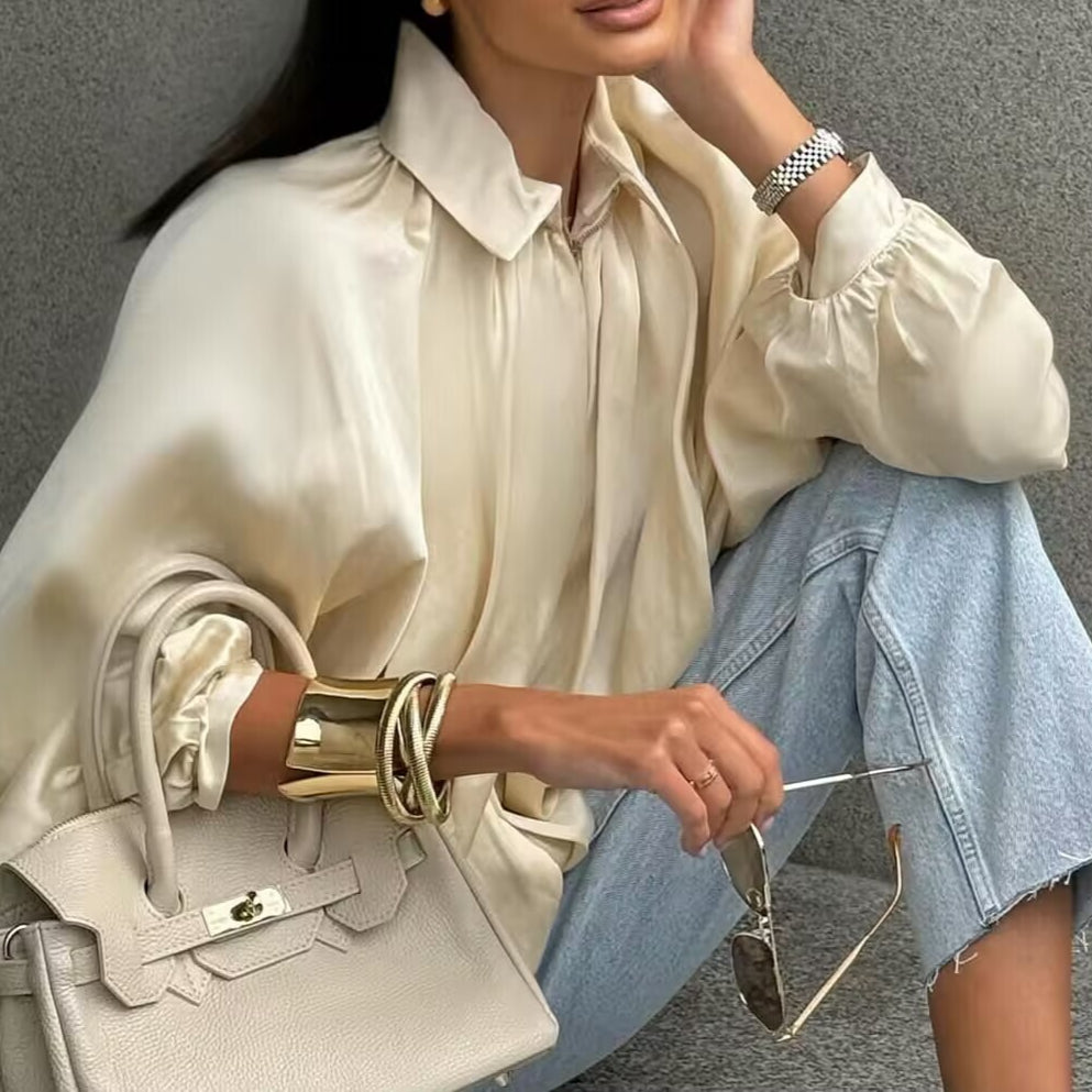 Notched Collar Puff Sleeve Baseball Jacket Women N6A154