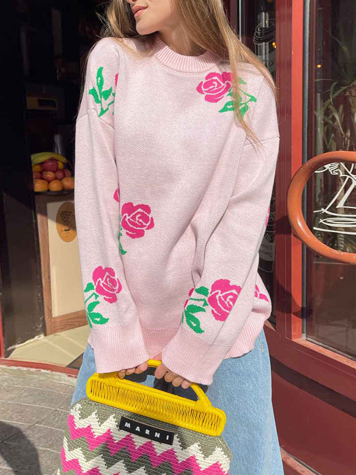 Rose Round Sweater Mid Weight Pink Black Gray N5Z843