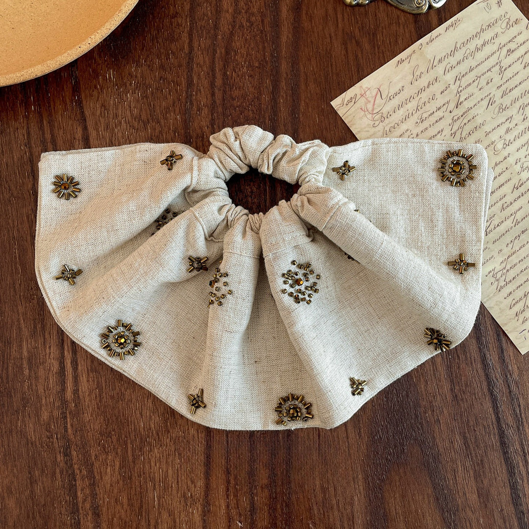 Linen Handmade Sequin Beaded Square Scrunchie N6F139