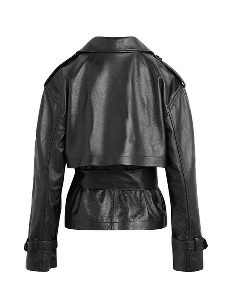 PU Leather Belted Short Jacket Street Style Slim Fit N6G179