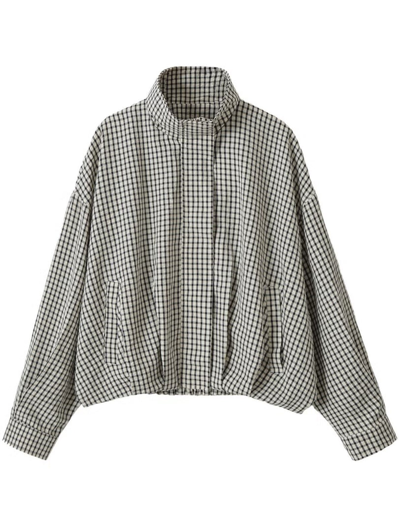 Loose Zip Stand Collar Plaid Bomber Jacket Women N6G154