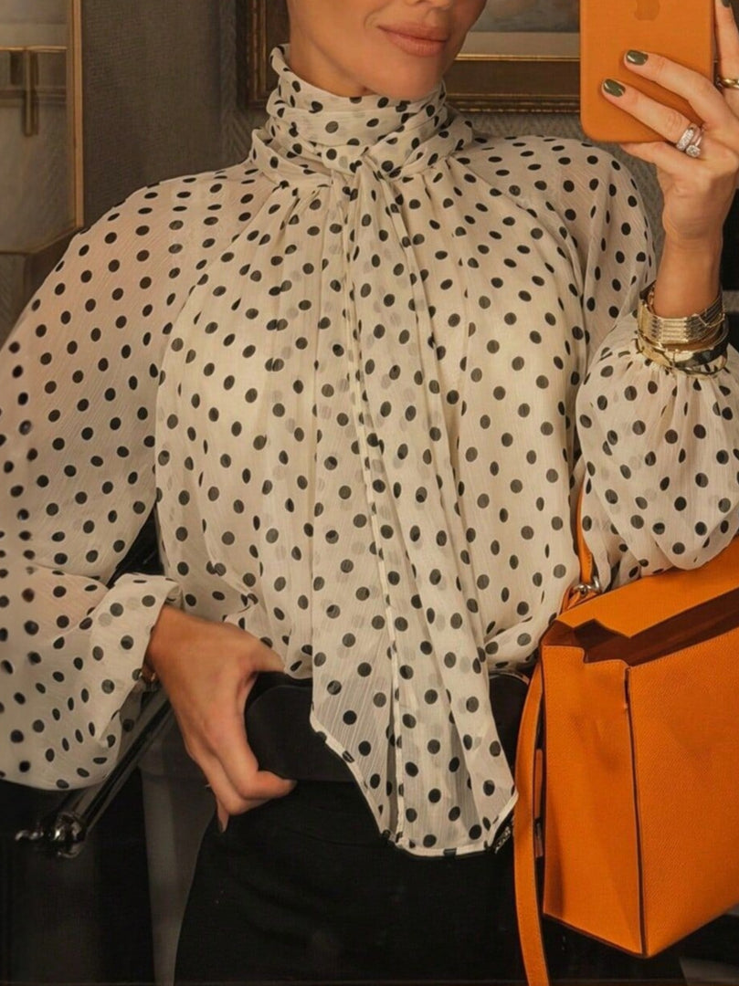 French Polka Dot Tie Front Blouse Women N6E144