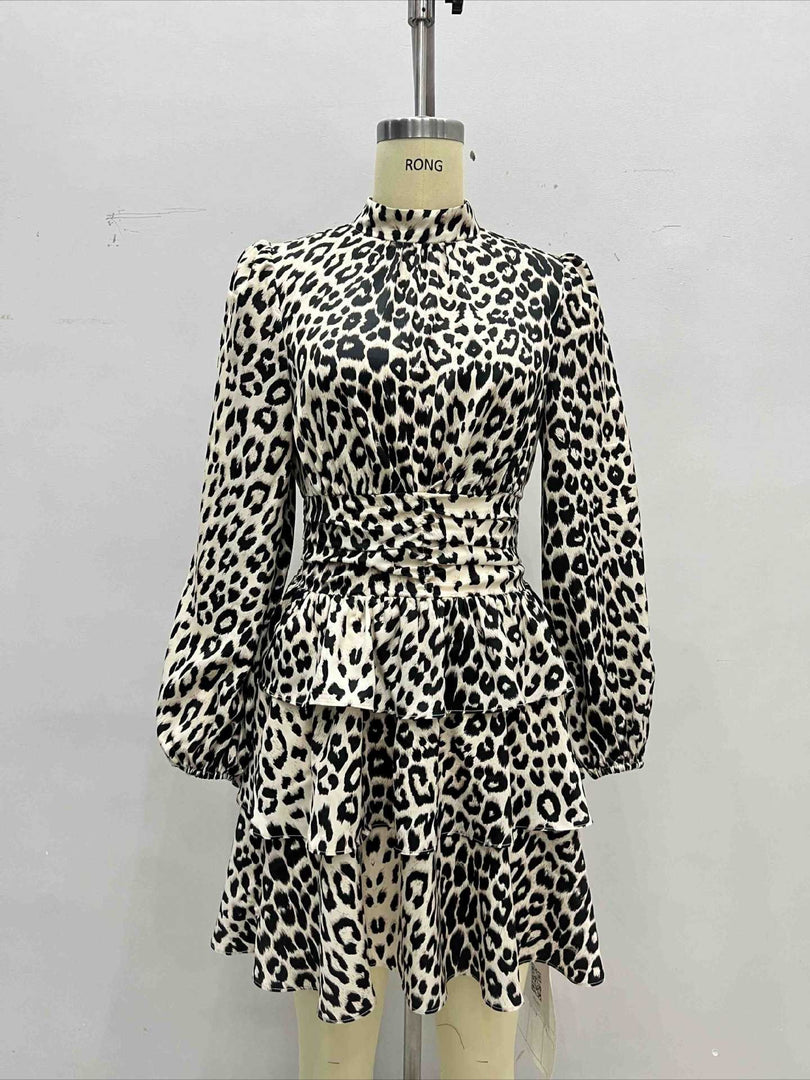 Leopard Print Chiffon Bubble Sleeve Layered Dress N6G177