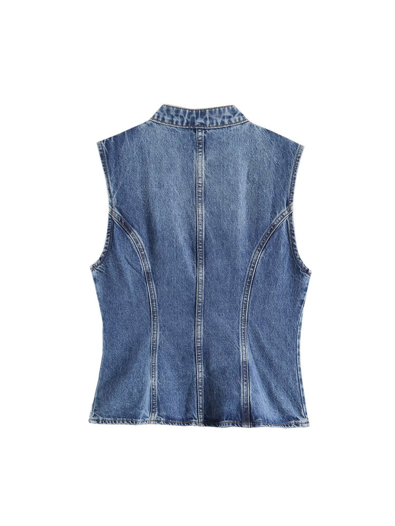 Denim Vest Knot Front Slim Fit Sleeveless N6F192