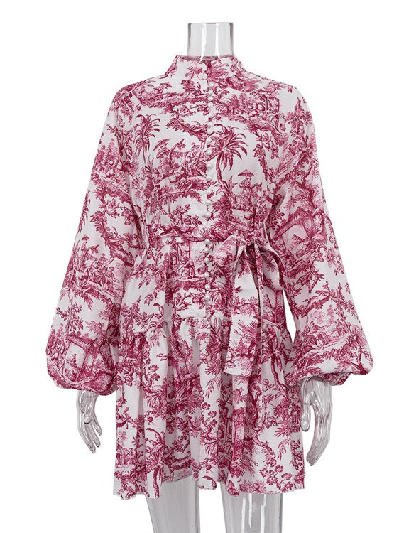 Ink Print Puff Sleeve Stand Collar A-line Dress Women N6C190
