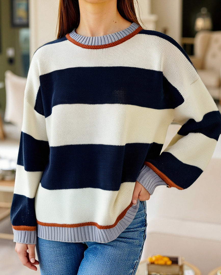 Color-Block Striped Loose Pullover Sweater Women N6H304