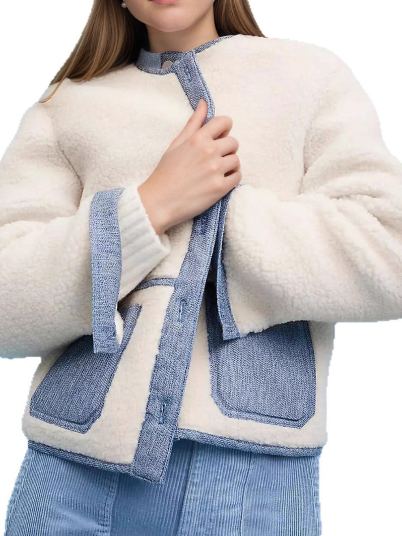 Color Block Sherpa Jacket Women Design Round Neck N5A088