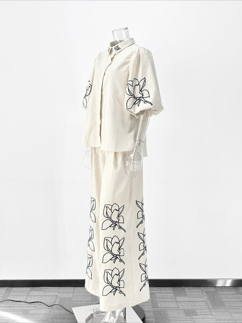 Embroidered Linen Wide Leg Pants Suit Women N6F188
