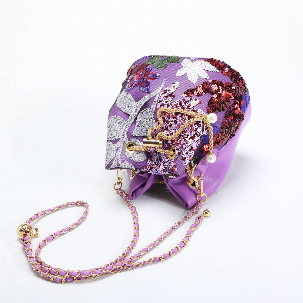Floral Embroidered Sequin Mesh Bucket Bag Women N6E010