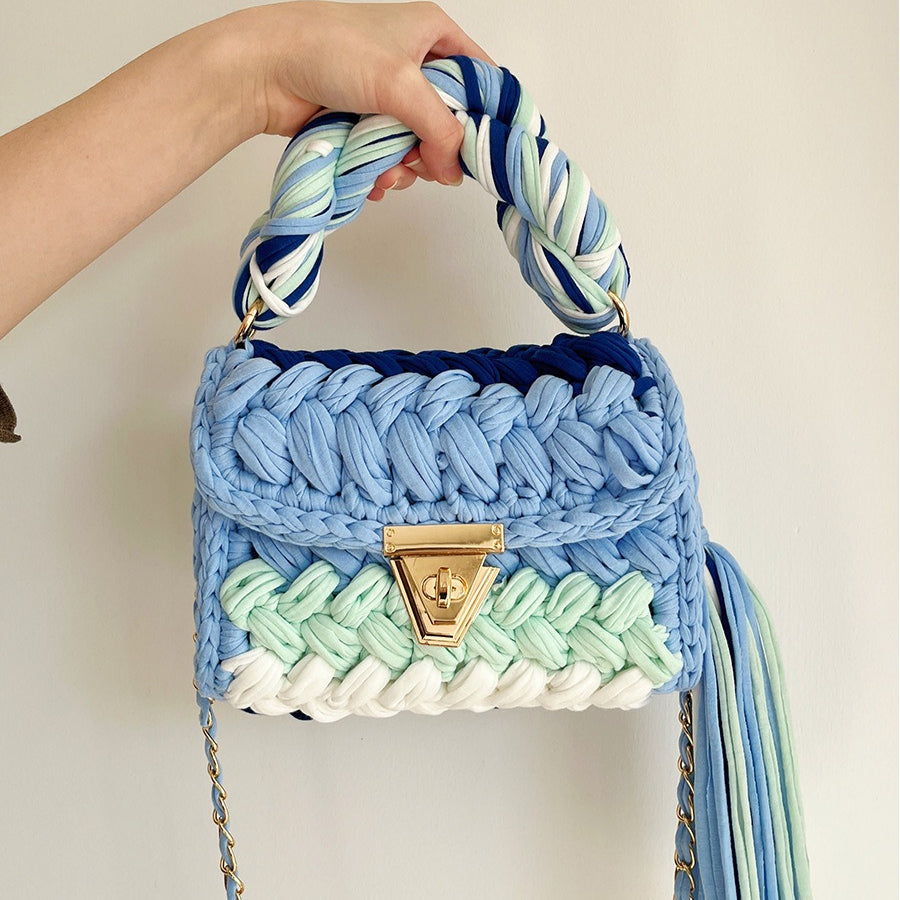 Handwoven Crochet Colorblock Shoulder Bag Tassel N6F094
