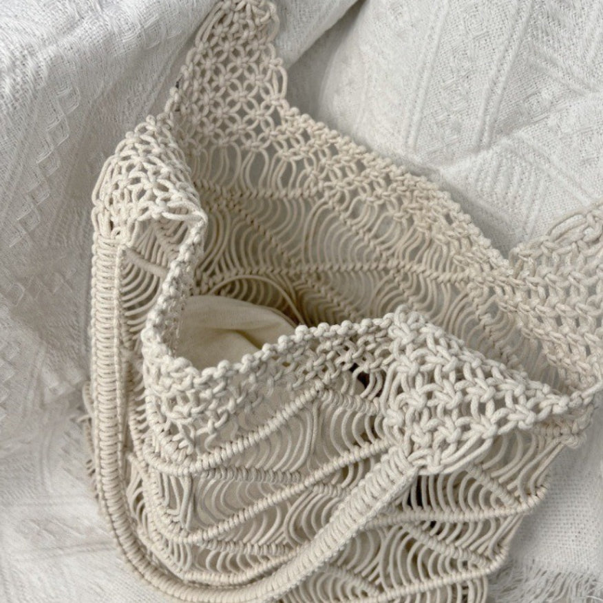Open Weave Waxed Rope Beach Bag Large Straw Tote N6F116
