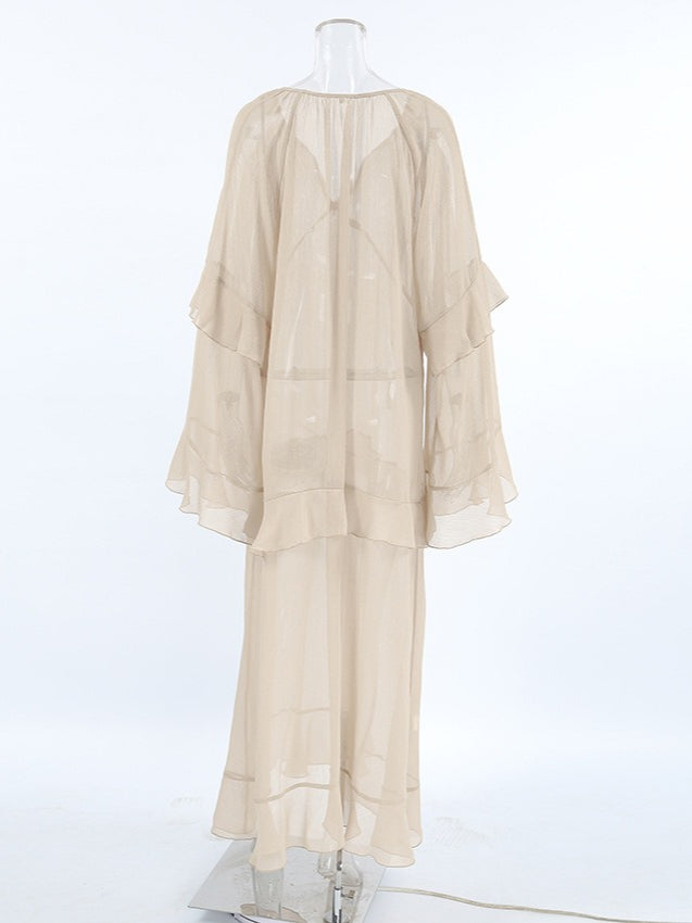 Sheer Sexy Chiffon Batwing Sleeve Maxi Dress Women N6D114