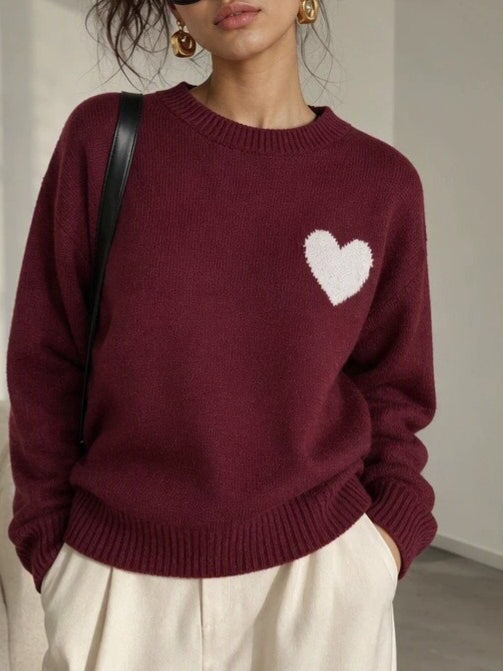 Heart Jacquard Round Neck Loose Pullover Sweater N6H286