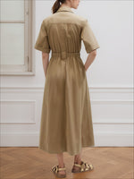 Load image into Gallery viewer, Khaki Short Sleeve Belted Shirt Dress Women N6F230