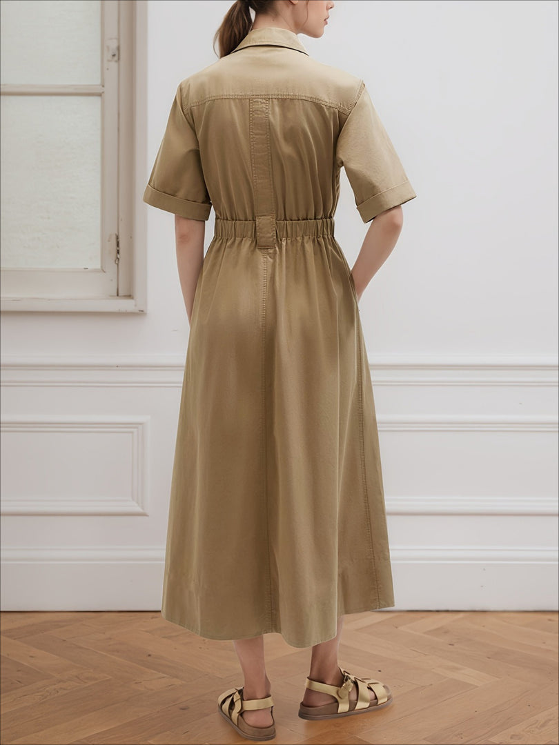 Khaki Short Sleeve Belted Shirt Dress Women N6F230