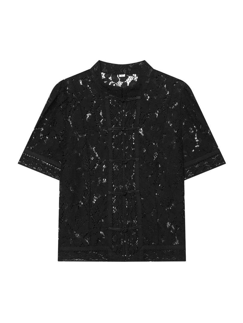 Lace Crochet Stand Collar Short Sleeve Blouse Women N6F205