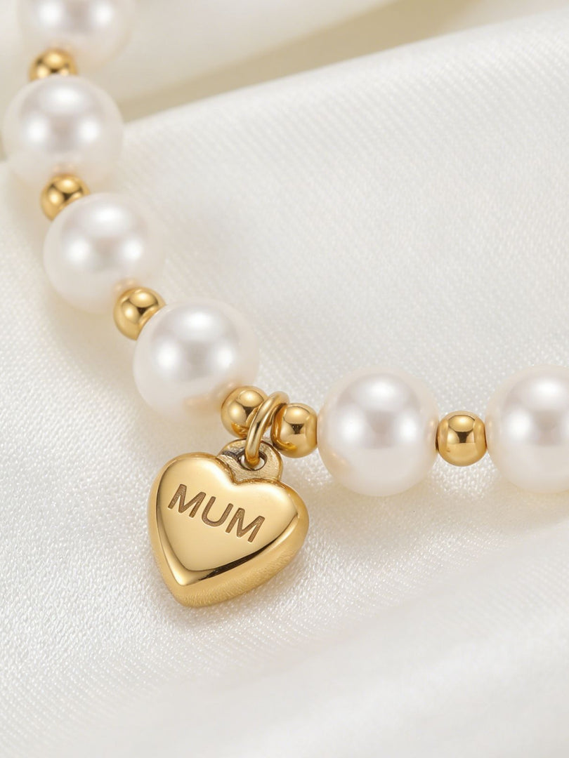 Stainless Steel MUM Heart Pearl Bead Bracelet Women N6D529