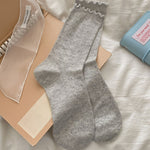 Load image into Gallery viewer, Diamond Grid Ruffle Trim Cotton Mid-Calf Socks Women N6H009