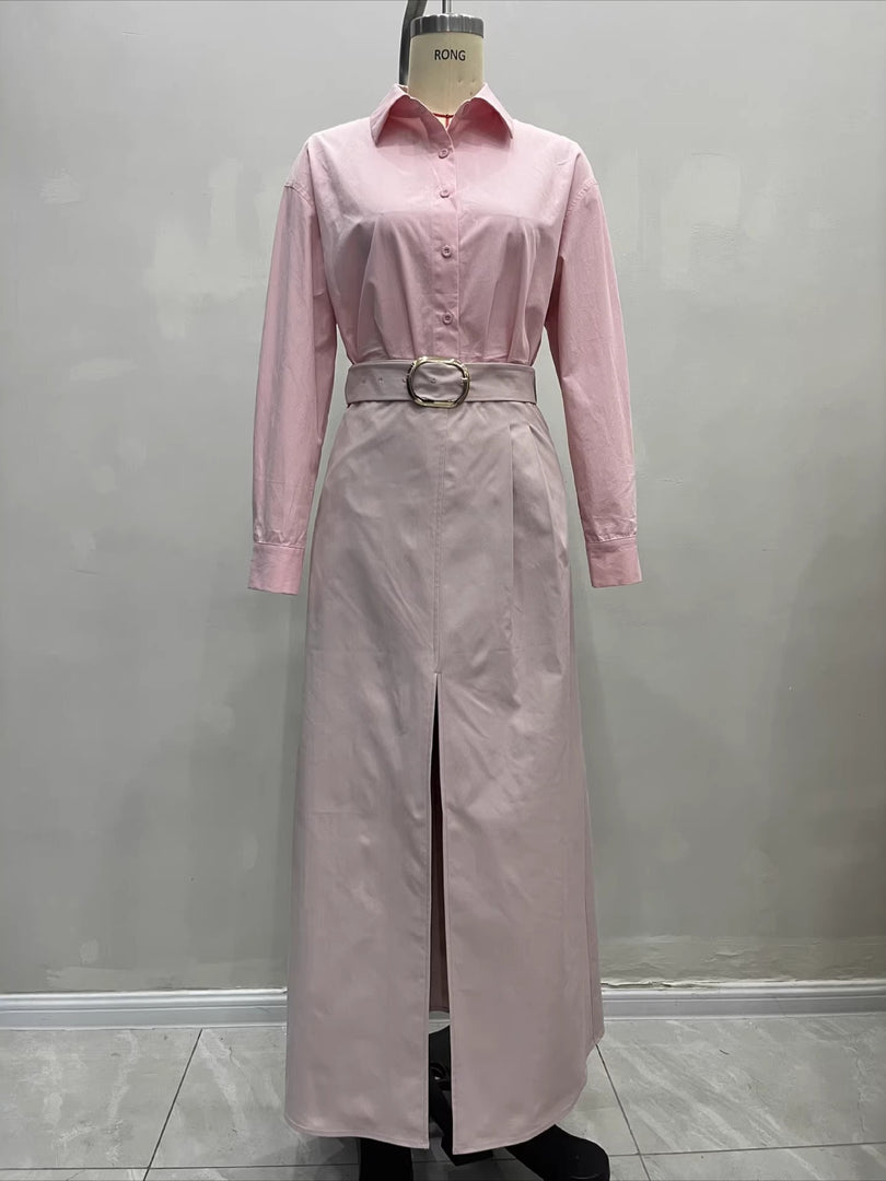 Pink High Slit Shirt and Skirt Set Women N6C183