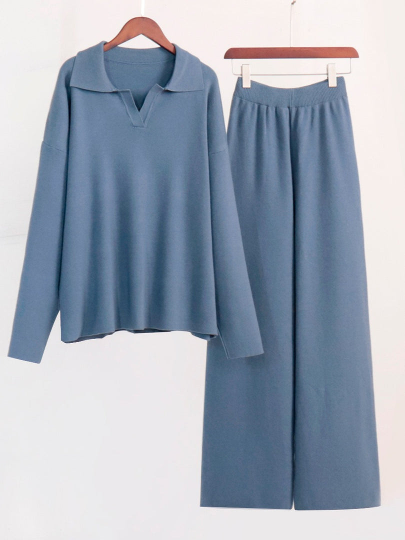Knit Set Polo Neck Pullover Wide Leg Pants Two-Piece N6G137