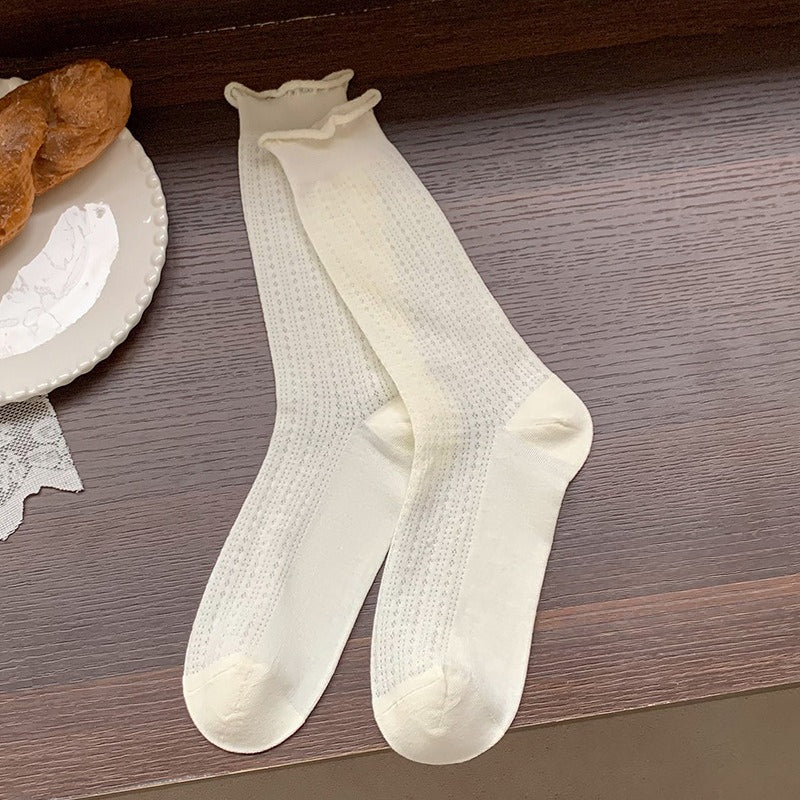 Thin Lace Hollow Mesh Mid-Calf Stack Socks Women N6H005