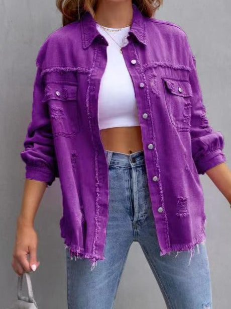 Distressed Denim Jacket Mid Length Raw Hem  N5Z166