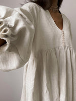 Load image into Gallery viewer, French V neck Lantern Sleeve Linen Blend Dress Women N6C208