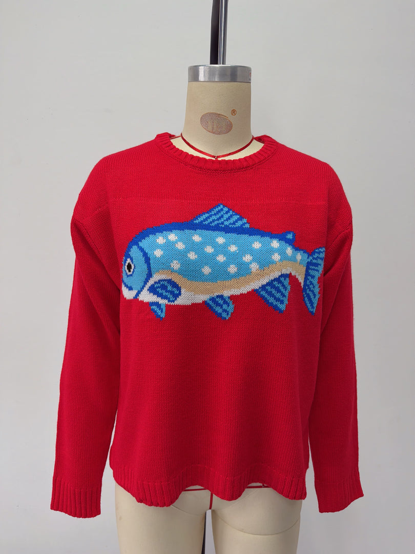 Printed Round Neck Loose Knit Pullover Sweater Women N6H301