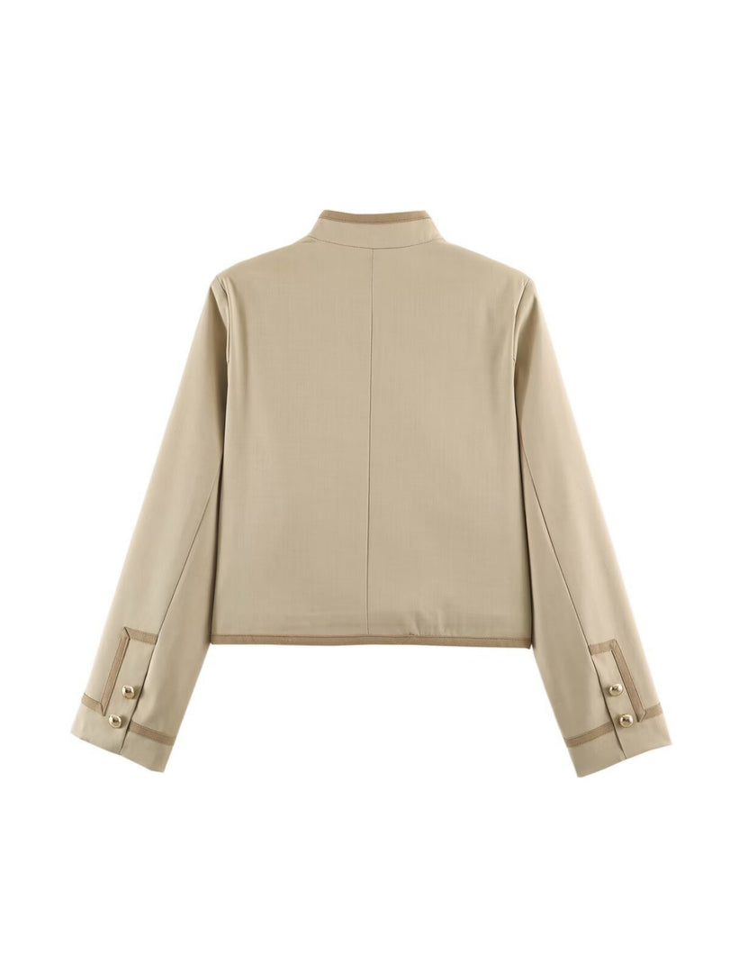 Loose Fit Knot Button Stand Collar Jacket Women N6H127